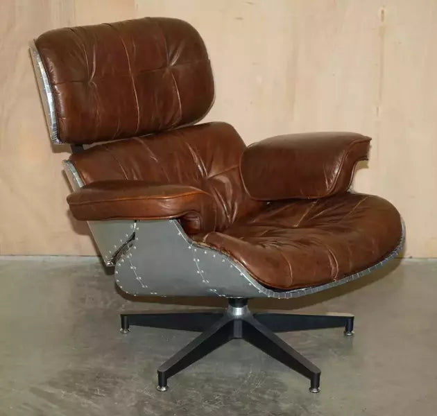 Stunning heritage brown leather hand hammered aviator lounger armchair & ottoman – A rare vintage treasure