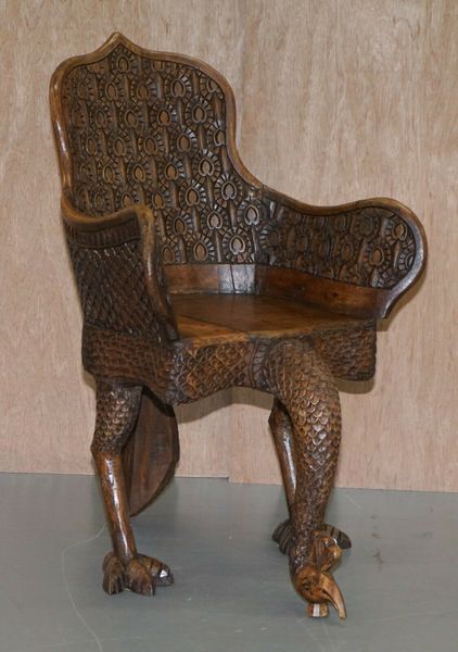 Pair of ornate burmese anglo indian hand carved circa 1880 peacock armchairs – A rare vintage treasure