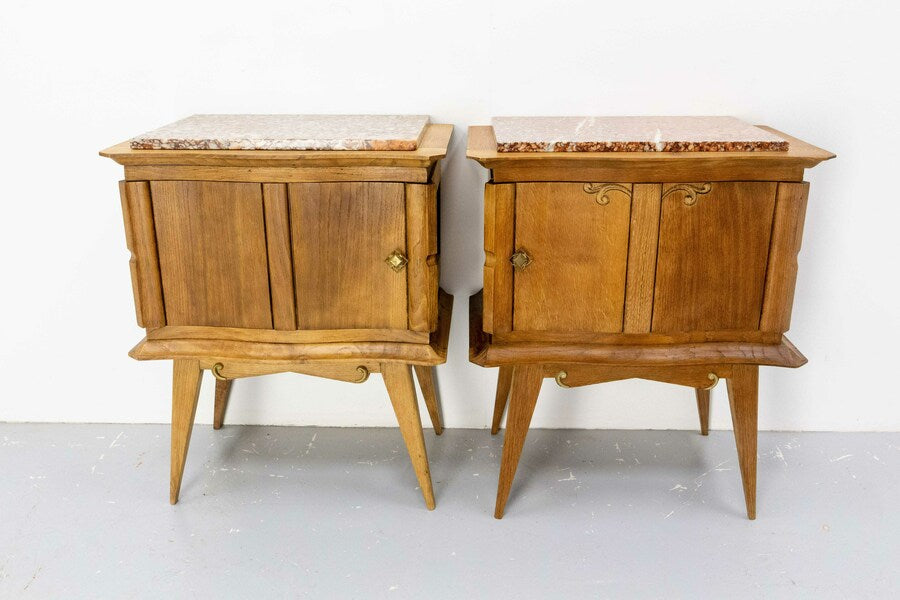 French pair of nightstands side cabinets bedside oak &marble top midcentury – A rare vintage treasure