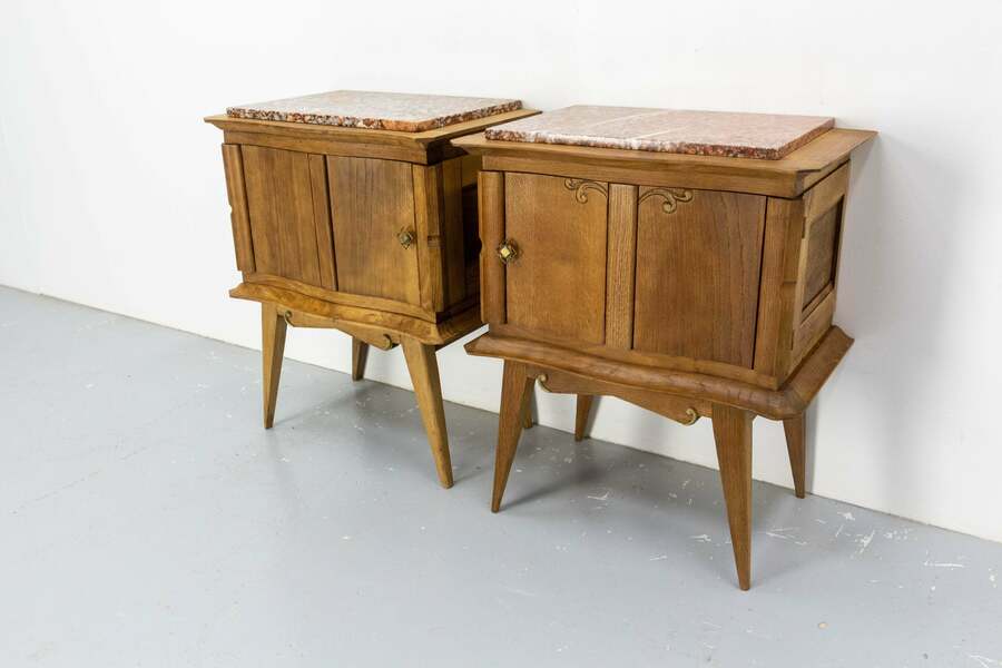French pair of nightstands side cabinets bedside oak &marble top midcentury – A rare vintage treasure