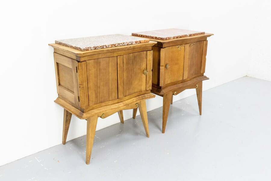 French pair of nightstands side cabinets bedside oak &marble top midcentury – A rare vintage treasure