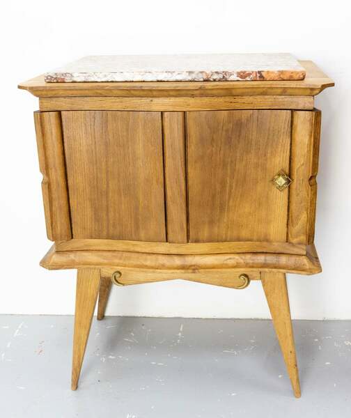 French pair of nightstands side cabinets bedside oak &marble top midcentury – A rare vintage treasure