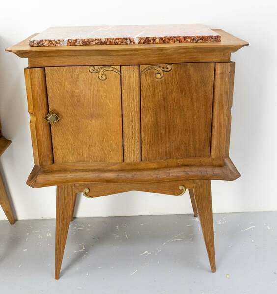 French pair of nightstands side cabinets bedside oak &marble top midcentury – A rare vintage treasure