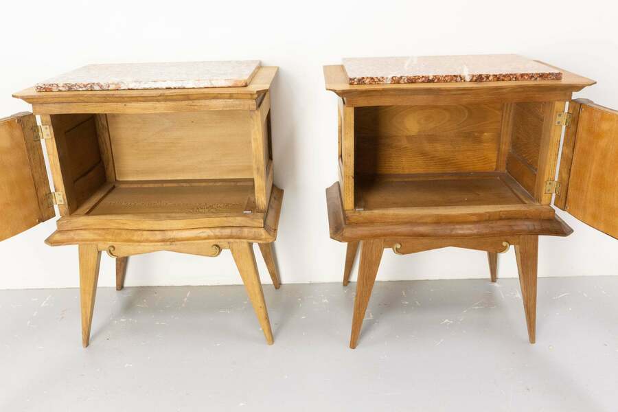 French pair of nightstands side cabinets bedside oak &marble top midcentury – A rare vintage treasure