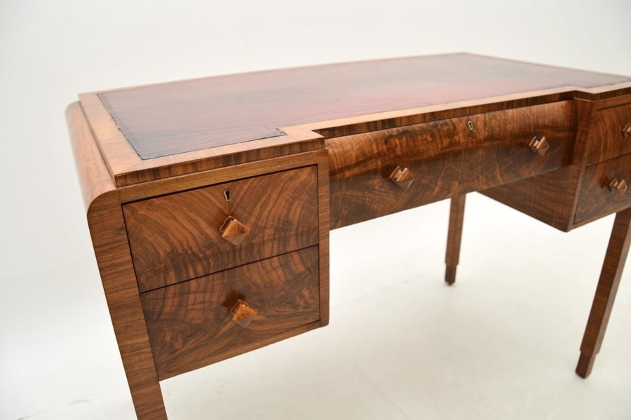 Art deco figured walnut leather top desk – A rare vintage treasure