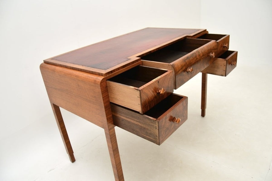 Art deco figured walnut leather top desk – A rare vintage treasure