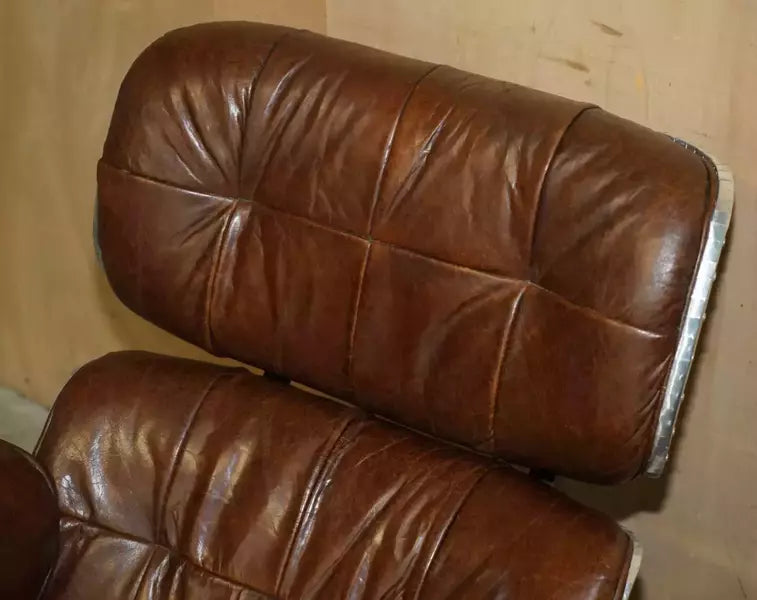 Stunning heritage brown leather hand hammered aviator lounger armchair & ottoman – A rare vintage treasure