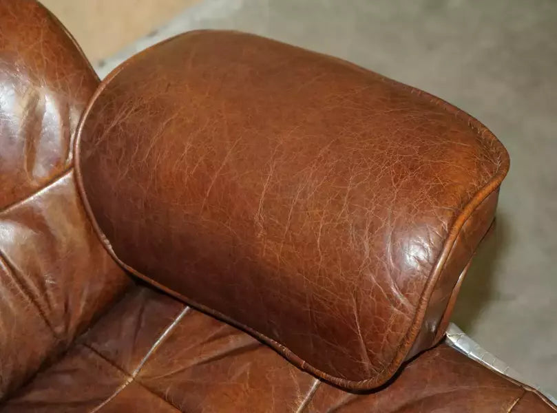 Stunning heritage brown leather hand hammered aviator lounger armchair & ottoman – A rare vintage treasure