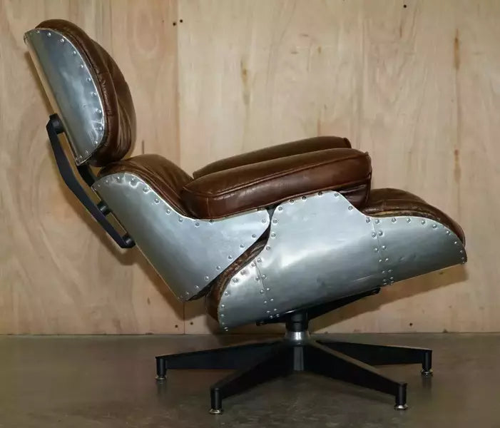 Stunning heritage brown leather hand hammered aviator lounger armchair & ottoman – A rare vintage treasure