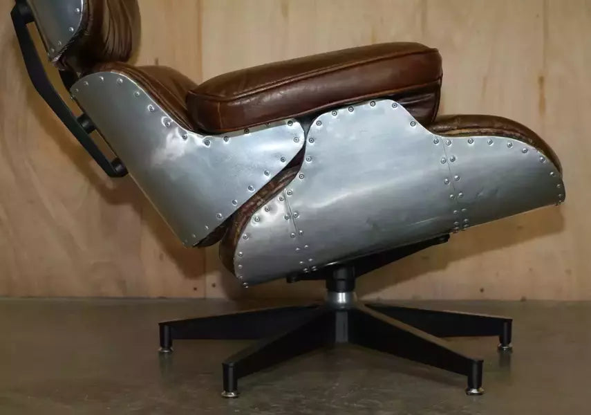 Stunning heritage brown leather hand hammered aviator lounger armchair & ottoman – A rare vintage treasure