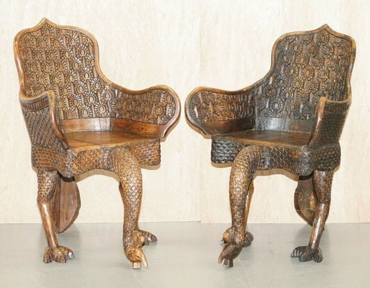 Pair of ornate burmese anglo indian hand carved circa 1880 peacock armchairs – A rare vintage treasure
