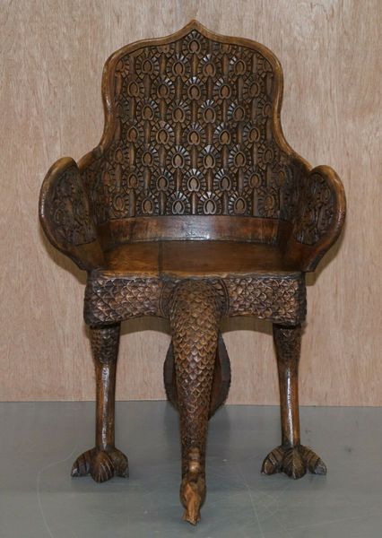 Pair of ornate burmese anglo indian hand carved circa 1880 peacock armchairs – A rare vintage treasure
