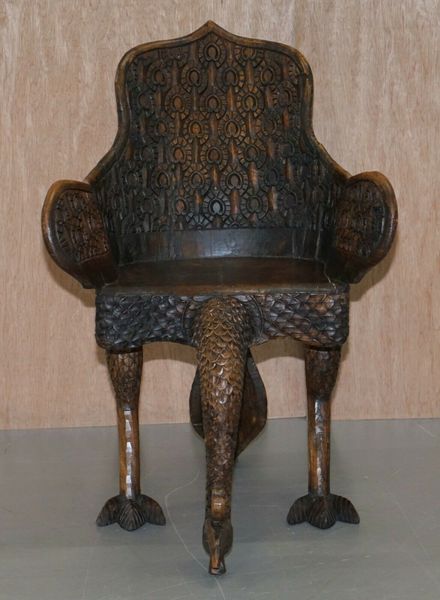 Pair of ornate burmese anglo indian hand carved circa 1880 peacock armchairs – A rare vintage treasure
