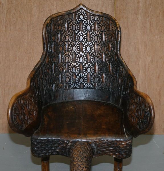 Pair of ornate burmese anglo indian hand carved circa 1880 peacock armchairs – A rare vintage treasure