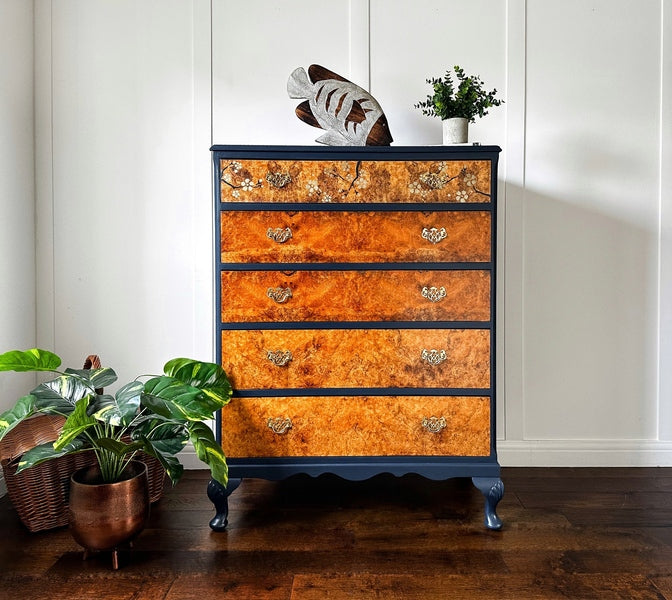 Oriental walnut chest of drawers, blue upcycled vintage chinoiserie chest – A rare vintage treasure