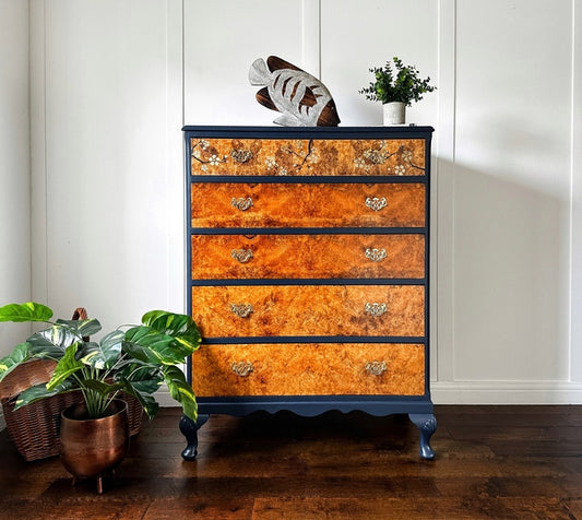 Oriental walnut chest of drawers, blue upcycled vintage chinoiserie chest – A rare vintage treasure