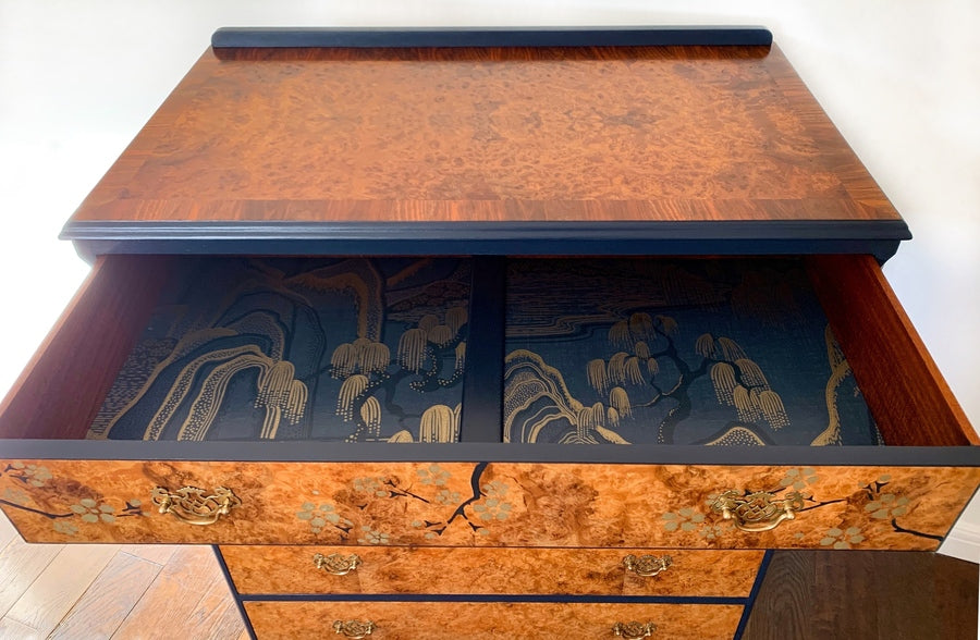 Oriental walnut chest of drawers, blue upcycled vintage chinoiserie chest – A rare vintage treasure