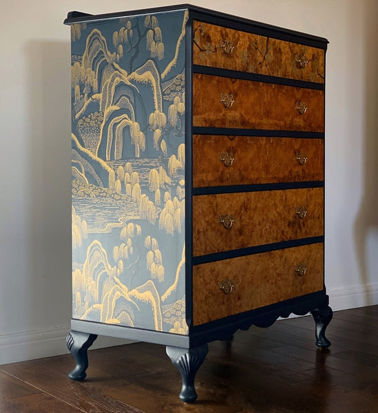 Oriental walnut chest of drawers, blue upcycled vintage chinoiserie chest – A rare vintage treasure