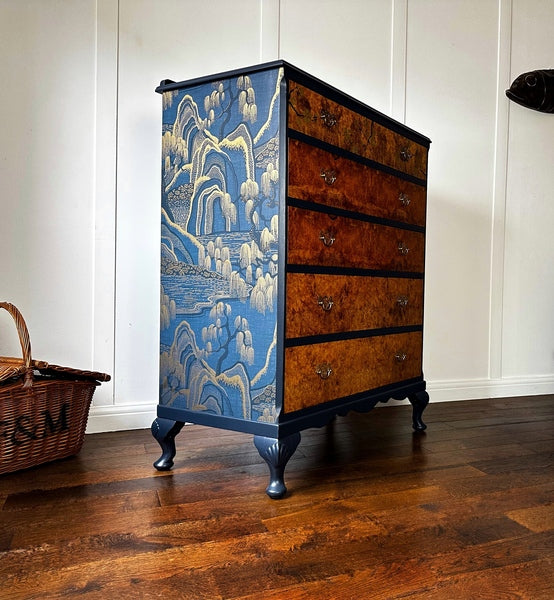 Oriental walnut chest of drawers, blue upcycled vintage chinoiserie chest – A rare vintage treasure