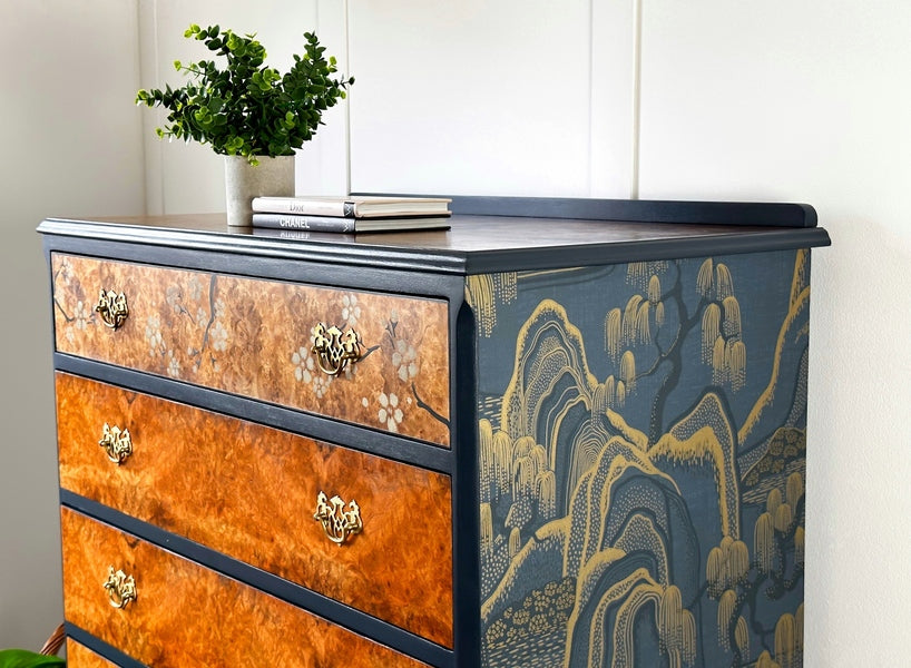 Oriental walnut chest of drawers, blue upcycled vintage chinoiserie chest – A rare vintage treasure