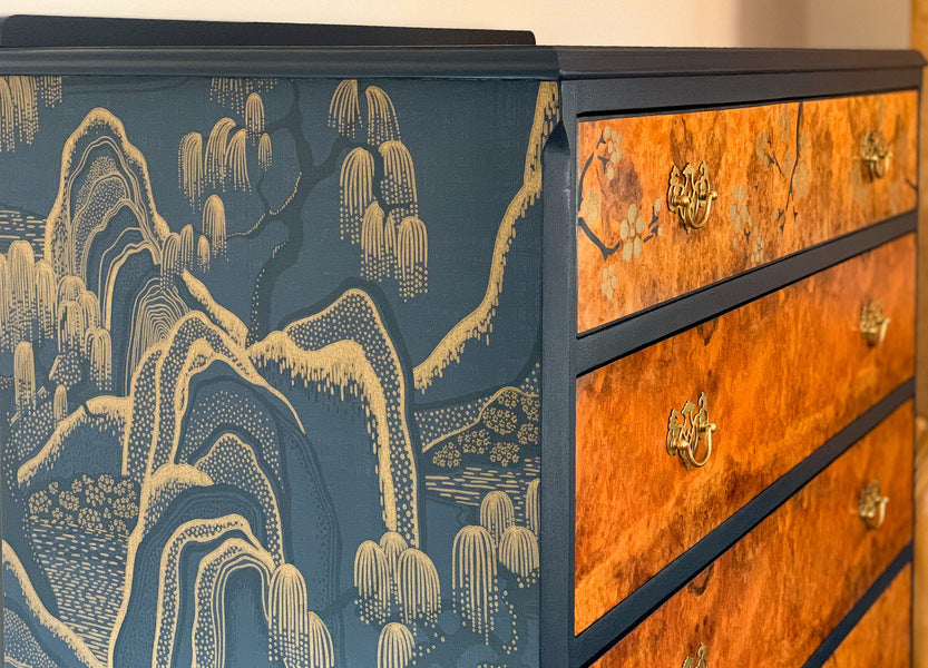 Oriental walnut chest of drawers, blue upcycled vintage chinoiserie chest – A rare vintage treasure