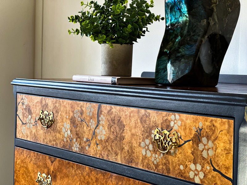 Oriental walnut chest of drawers, blue upcycled vintage chinoiserie chest – A rare vintage treasure