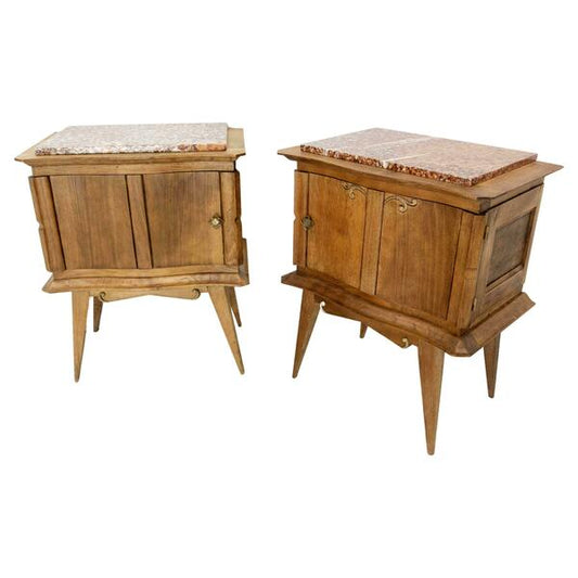 French pair of nightstands side cabinets bedside oak &marble top midcentury – A rare vintage treasure